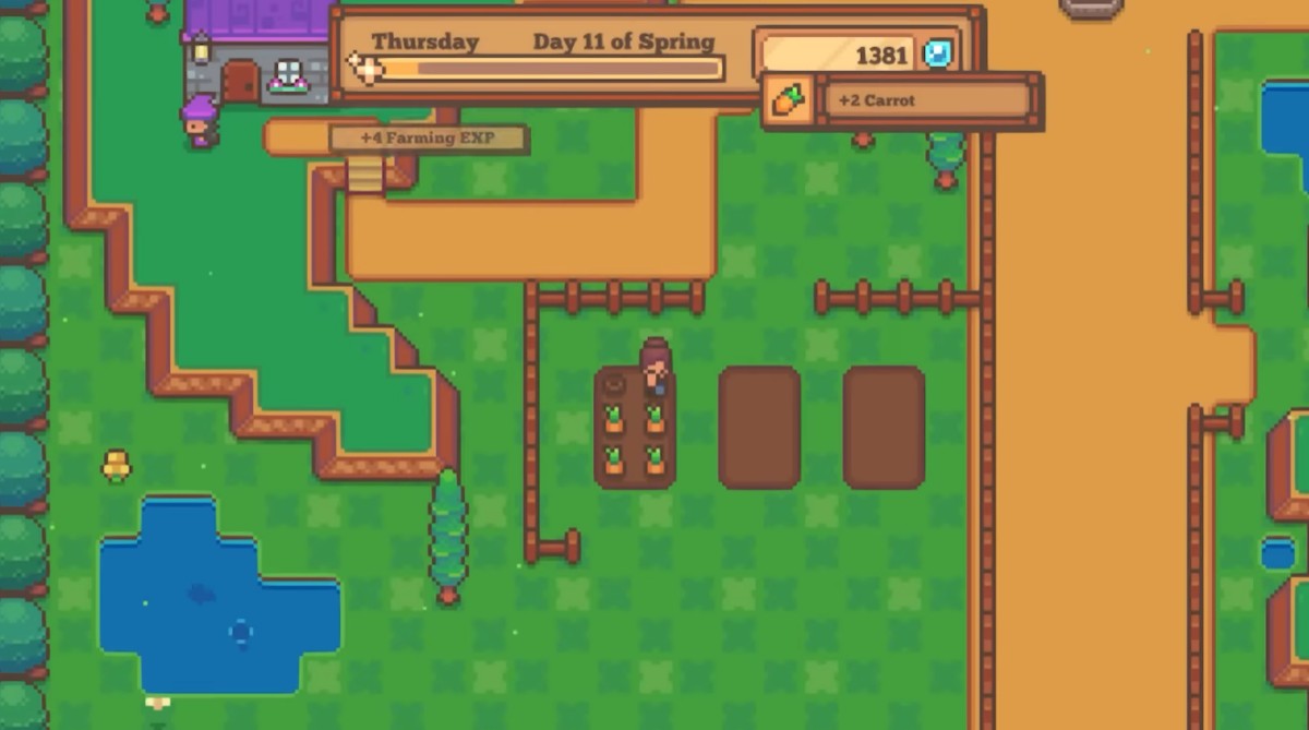 Littlewood gameplay showing a colourful pixel-art village and its town-building setting.