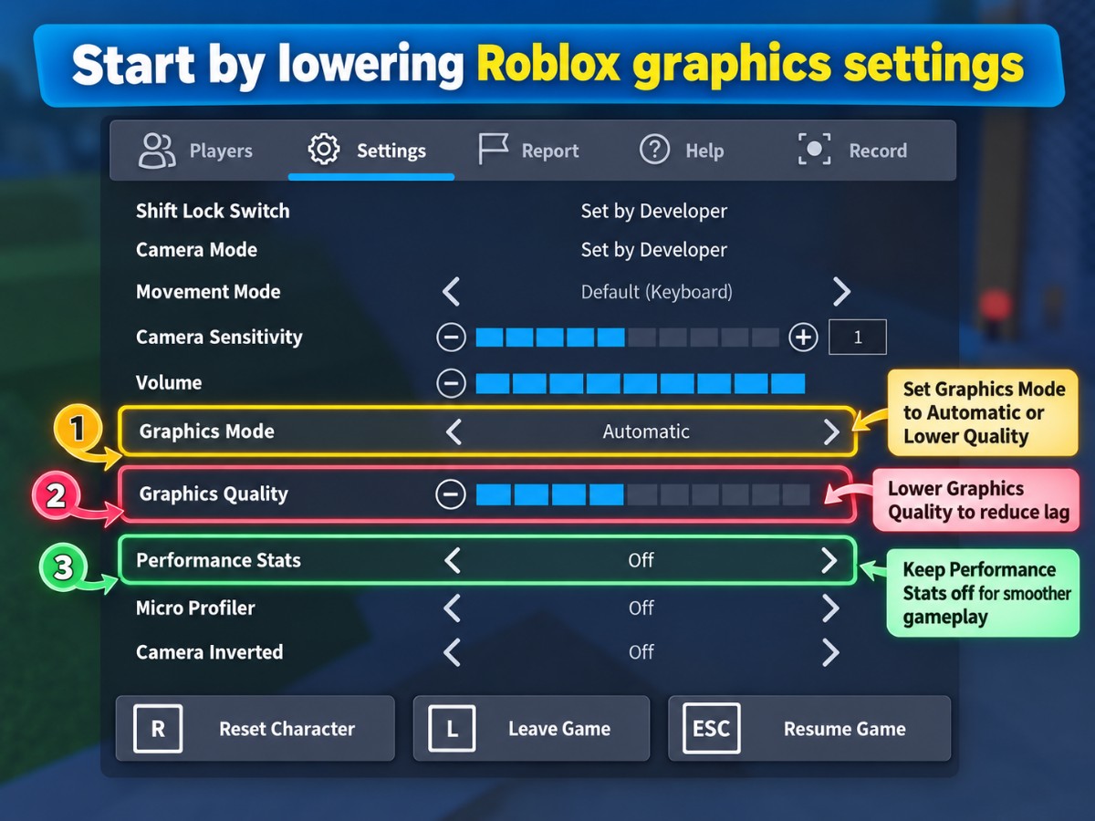 Roblox graphics settings on PC showing graphics mode and graphics quality options