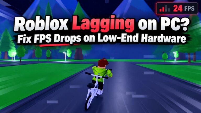 Roblox lagging on PC with FPS drops on low-end hardware, showing gameplay and a low FPS warning.