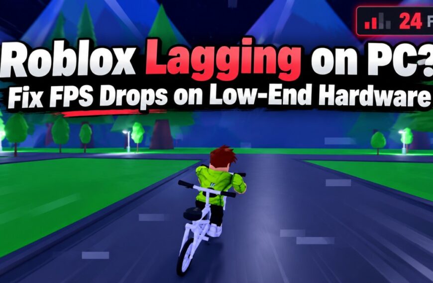 Roblox lagging on PC with FPS drops on low-end hardware, showing gameplay and a low FPS warning.