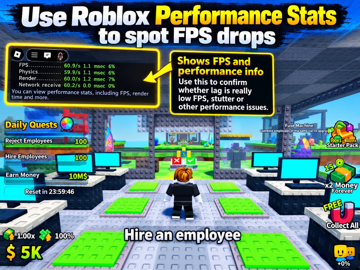 Roblox performance stats showing FPS and performance information during gameplay on PC while diagnosing Roblox lagging on your PC.