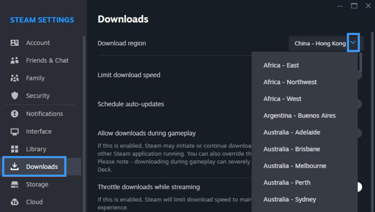 Steam Downloads settings showing where to change the download region to troubleshoot stalled downloads.