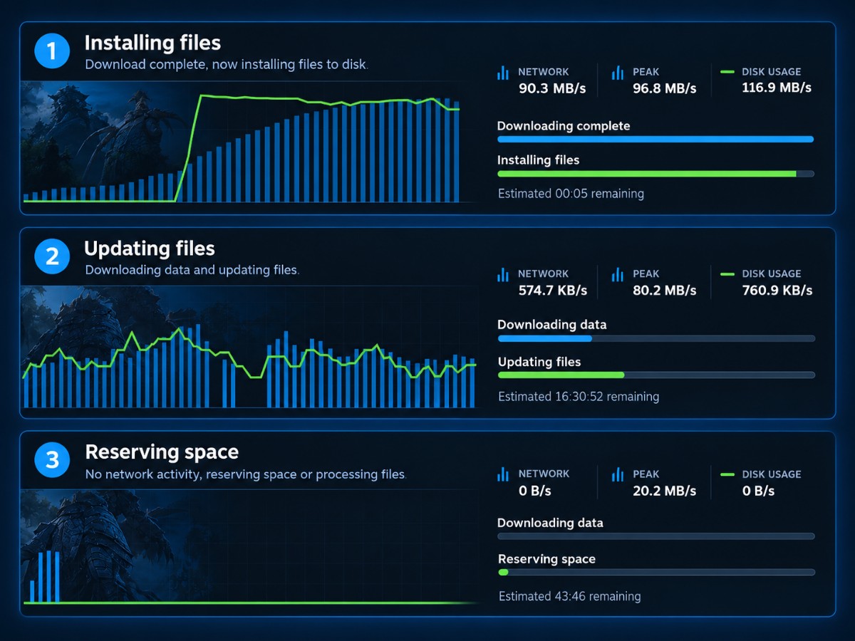 Steam download network and disk activity showing installation, updating and reserving space stages.